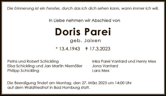 Traueranzeige von Doris Parei von FNP