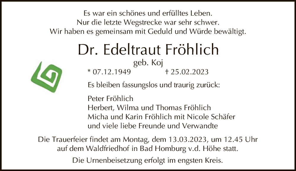  Traueranzeige für Edeltraut Fröhlich vom 08.03.2023 aus FNP