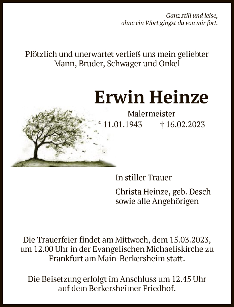  Traueranzeige für Erwin Heinze vom 04.03.2023 aus FNP