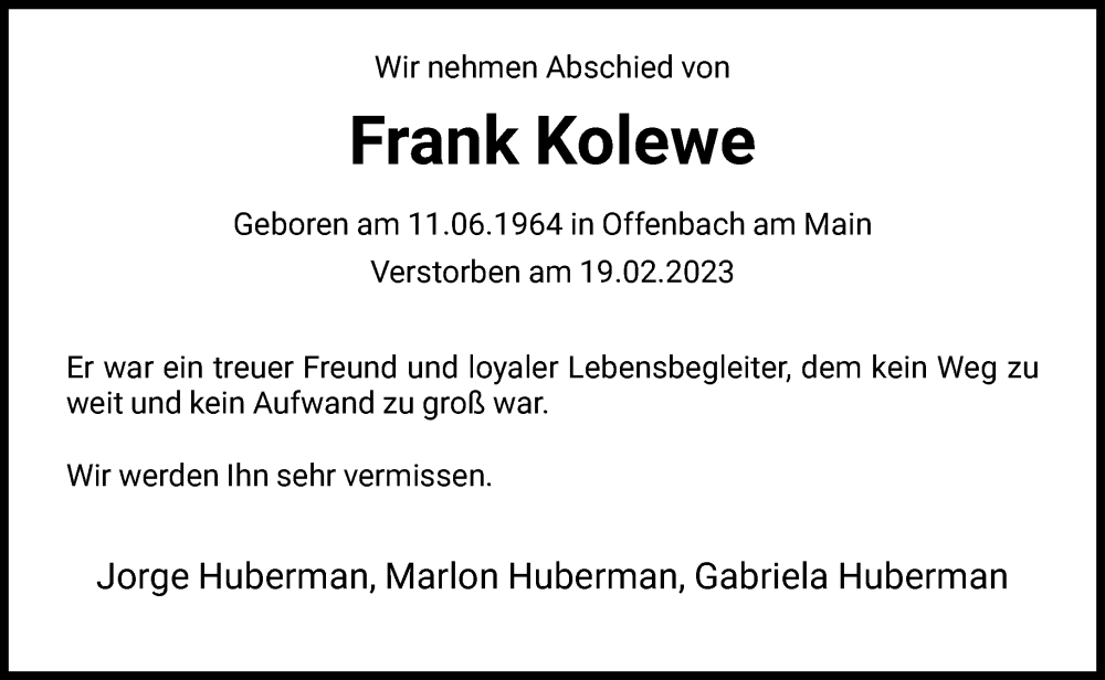  Traueranzeige für Frank Kolewe vom 11.03.2023 aus FNP