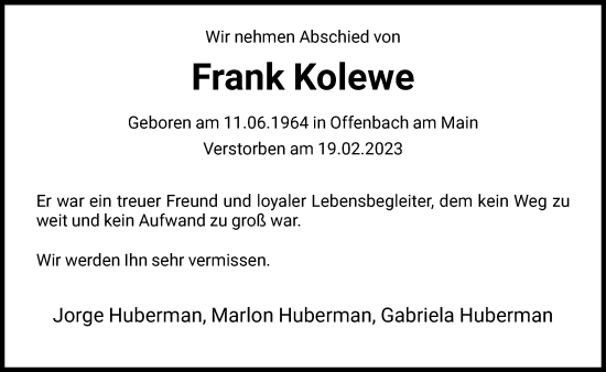 Traueranzeige von Frank Kolewe von FNP