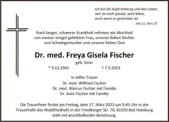 Traueranzeige von Freya Gisela Fischer von FNP