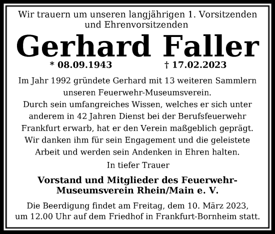 Traueranzeige von Gerhard Faller von FNP