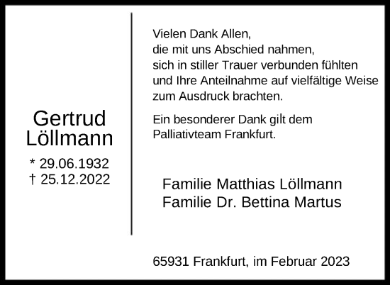 Traueranzeige von Gertrud Löllmann von FNP