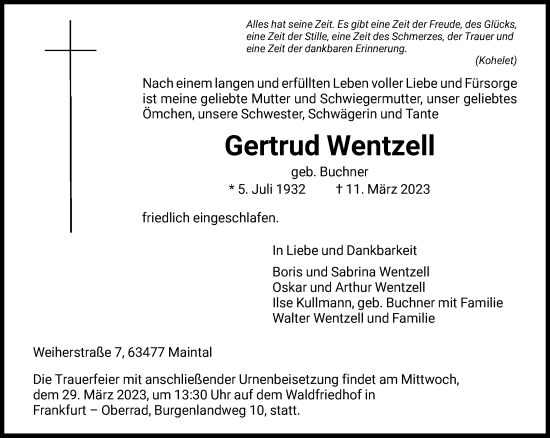 Traueranzeige von Gertrud Wentzell von FNP