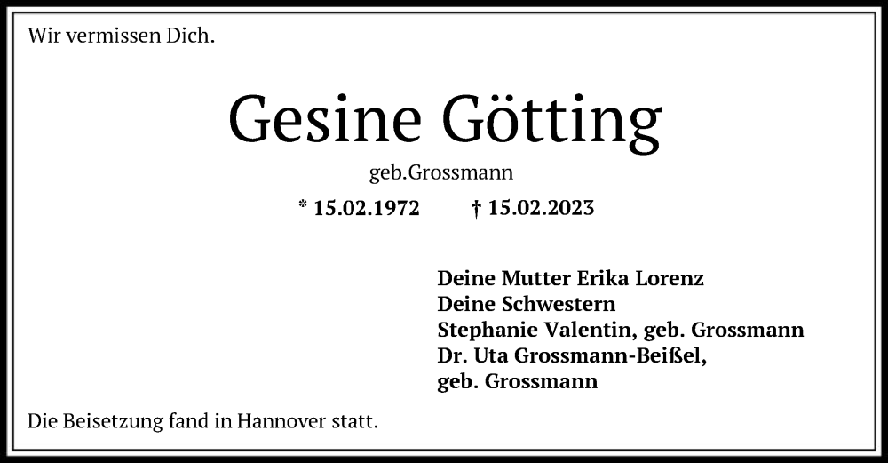  Traueranzeige für Gesine Götting vom 04.03.2023 aus FNP