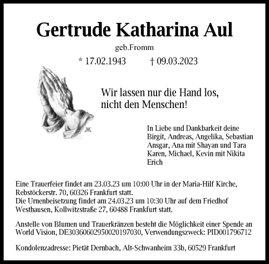 Traueranzeige von Getrude Katharina Aul von FNP