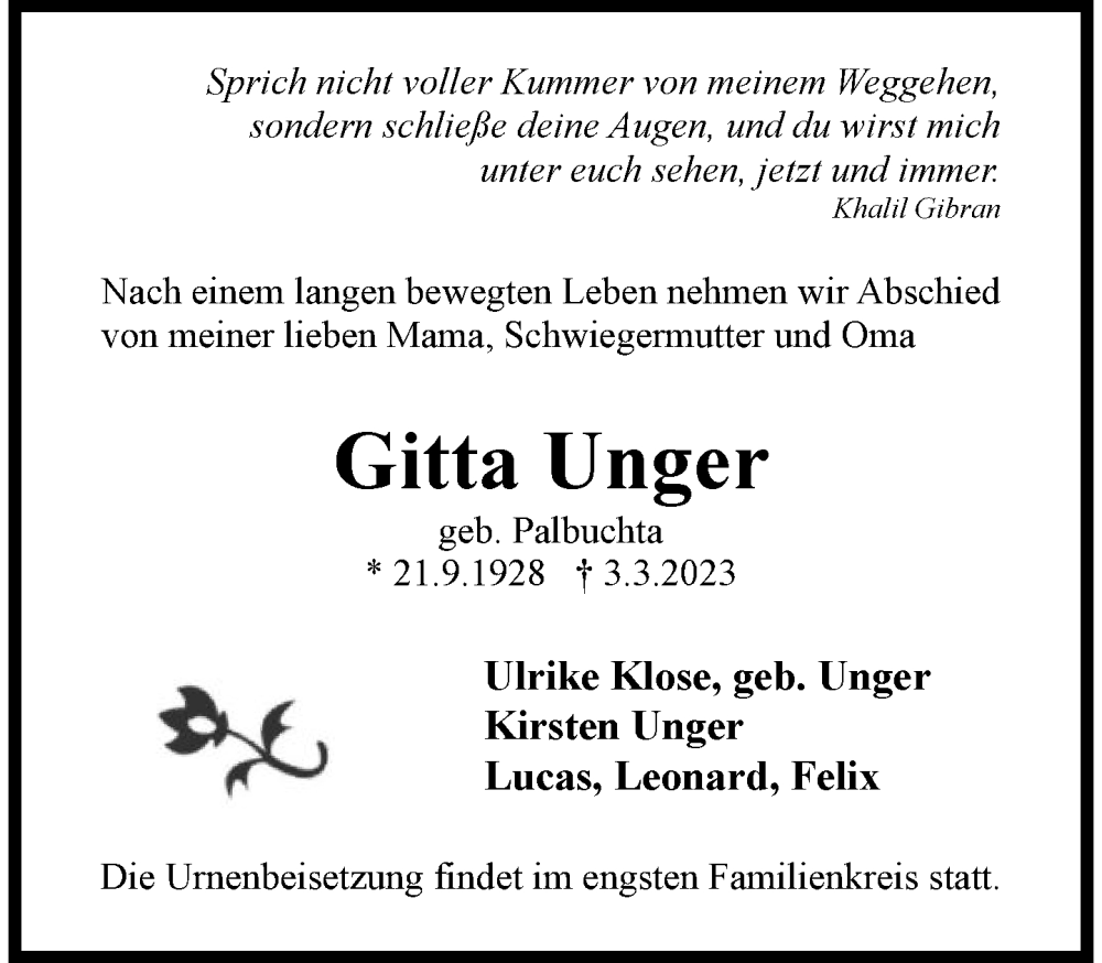  Traueranzeige für Gitta Unger vom 18.03.2023 aus FNP