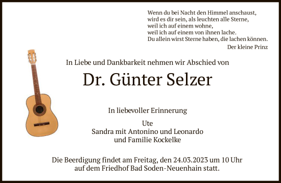 Traueranzeige von Günter Selzer von FNP