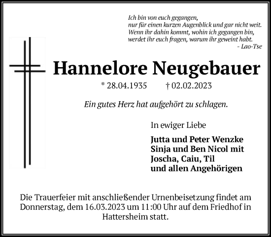 Traueranzeige von Hannelore Neugebauer von FNP