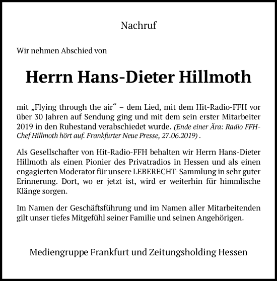 Traueranzeige von Hans-Dieter Hillmoth von FNP