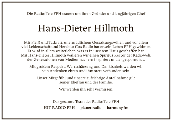 Traueranzeige von Hans-Dieter Hillmoth von FNP