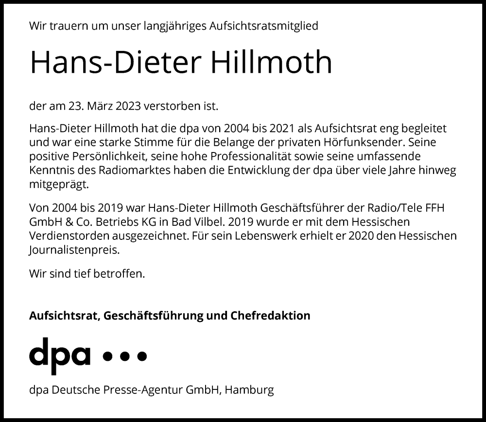  Traueranzeige für Hans-Dieter Hillmoth vom 29.03.2023 aus FNP