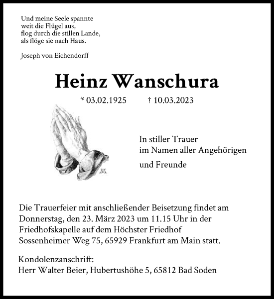 Traueranzeige von Heinz Waschura von FNP