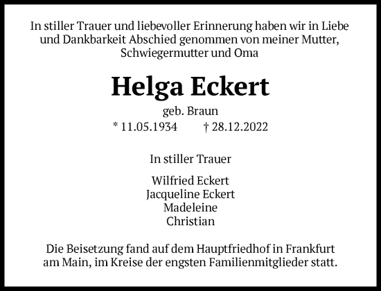 Traueranzeige von Helga Eckert von FNP