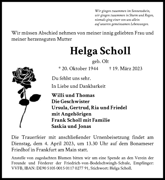 Traueranzeige von Helga Scholl von FNP