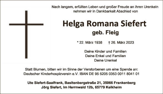 Traueranzeige von Helga Romana Siefert von FNP