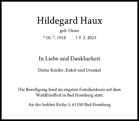 Traueranzeige von Hildegard Haux von FNP