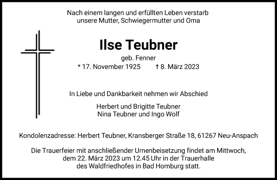 Traueranzeige von Ilse Teubner von FNP