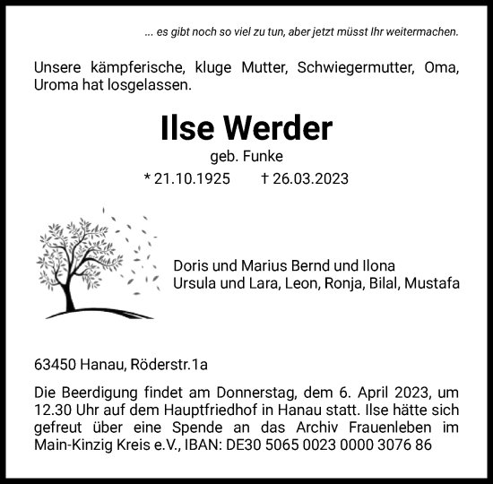 Traueranzeige von Ilse Werder von FNP