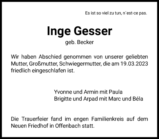 Traueranzeige von Inge Gesser von FNP