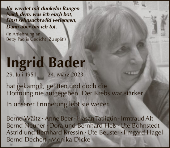 Traueranzeige von Ingrid Bader von FNP