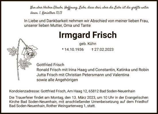 Traueranzeige von Irmgard Frisch von FNP