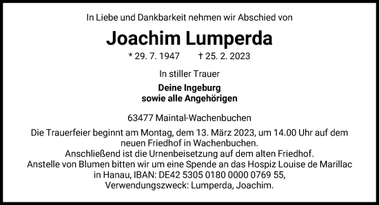 Traueranzeige von Joachim Lumperda von FNP