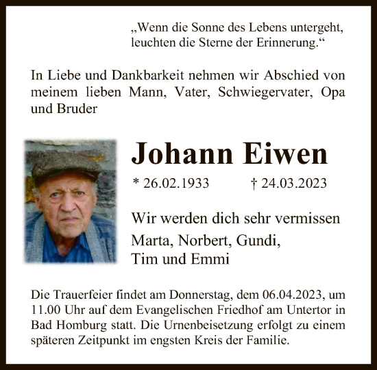 Traueranzeige von Johann Eiwen von FNP