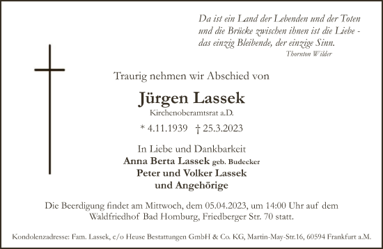 Traueranzeige von Jürgen Lassek von FNP