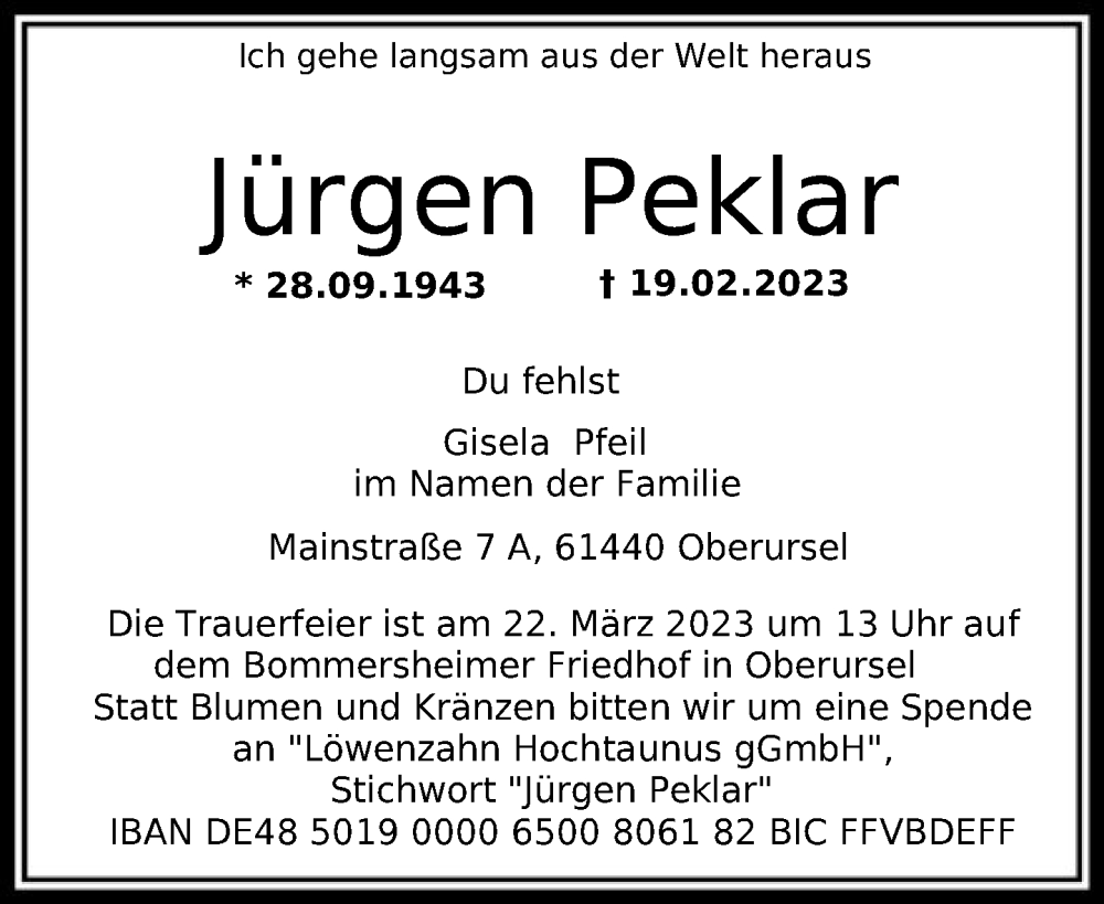  Traueranzeige für Jürgen Peklar vom 18.03.2023 aus FNP