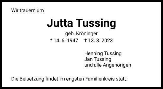 Traueranzeige von Jutta Tussing von FNP