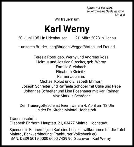 Traueranzeige von Karl Werny von FNP