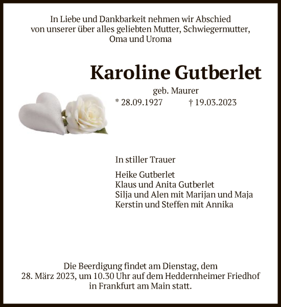 Traueranzeige von Karoline Gutberlet von FNP