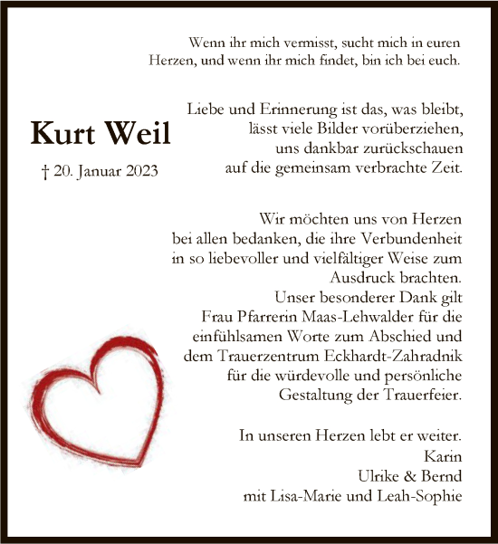 Traueranzeige von Kurt Weil von FNP