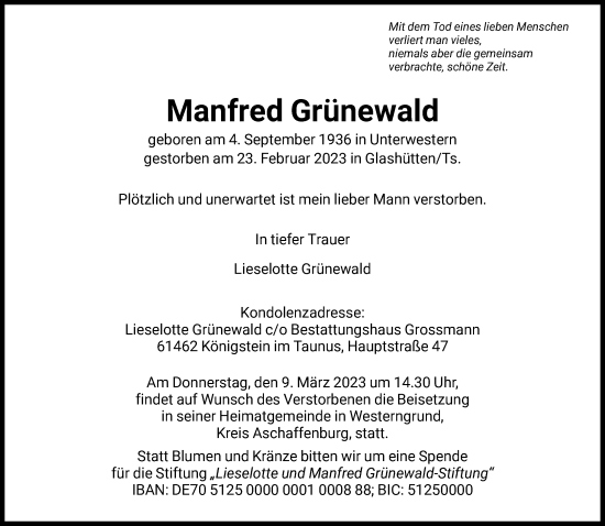 Traueranzeige von Manfred Grünewald von FNP