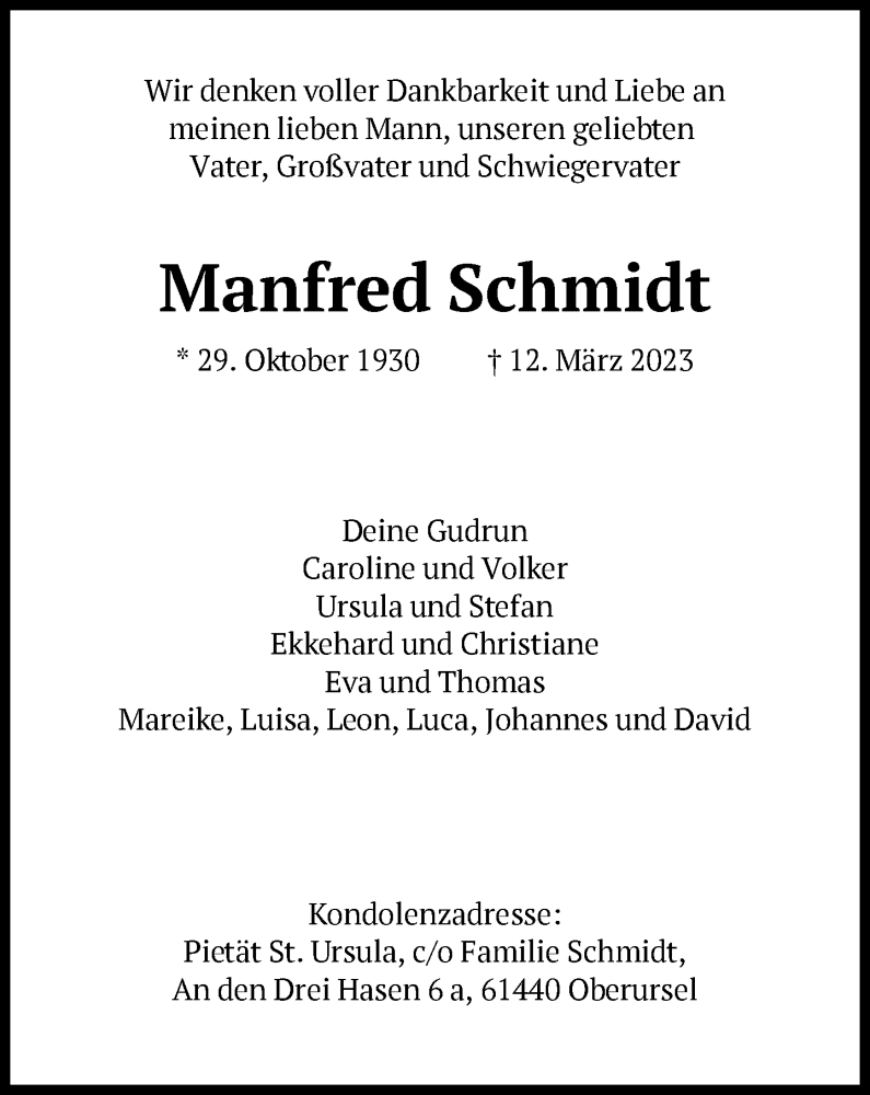  Traueranzeige für Manfred Schmidt vom 18.03.2023 aus FNP