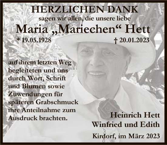 Traueranzeige von Maria Hett von FNP