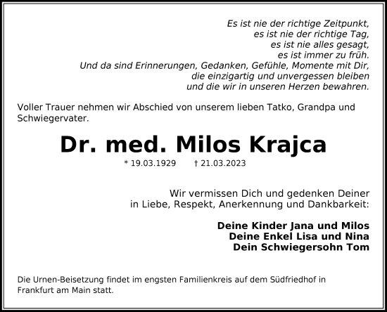 Traueranzeige von Milos Krajca von FNP