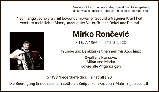 Traueranzeige von Mirko Roncevic von FNP