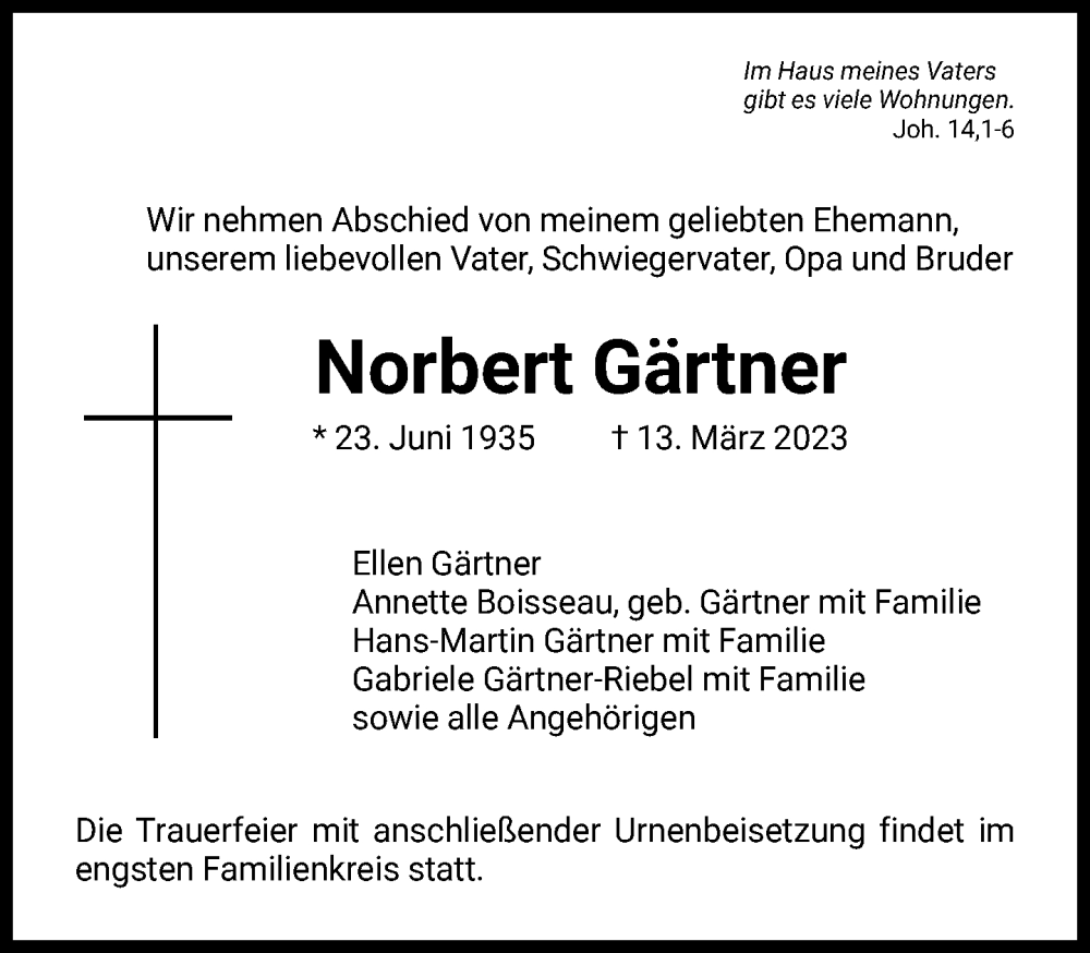  Traueranzeige für Norbert Gärtner vom 18.03.2023 aus FNP