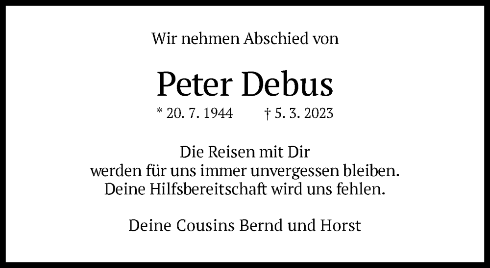  Traueranzeige für Peter Debus vom 10.03.2023 aus FNP
