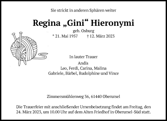 Traueranzeige von Regina Hieronymi von FNP