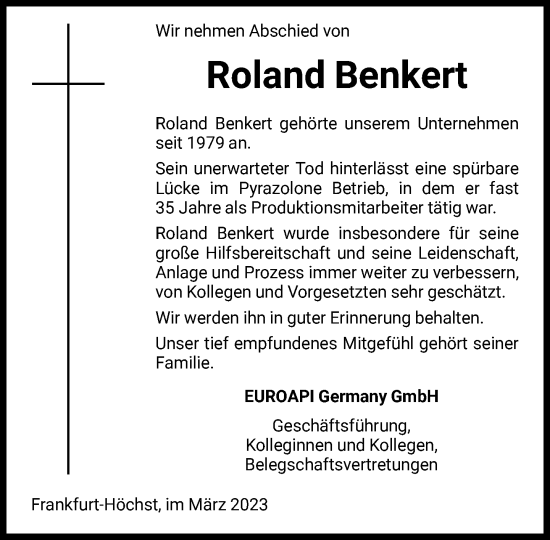 Traueranzeige von Roland Benkert von FNP