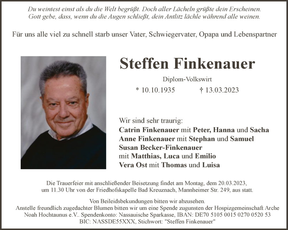  Traueranzeige für Steffen Finkenauer vom 18.03.2023 aus FNP