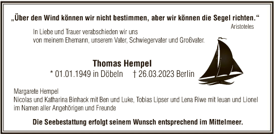 Traueranzeige von Thomas Hempel von FNP