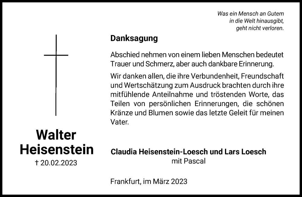  Traueranzeige für Walter Heisenstein vom 25.03.2023 aus FNP