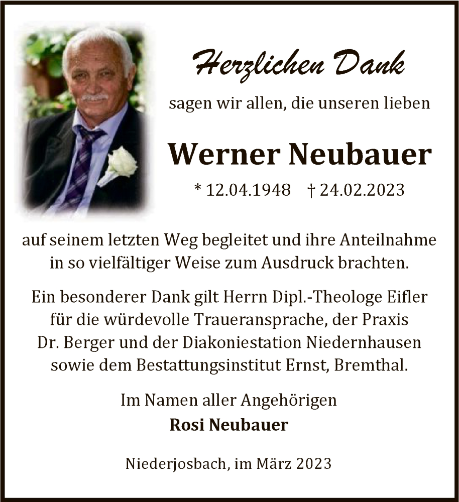  Traueranzeige für Werner Neubauer vom 25.03.2023 aus FNP