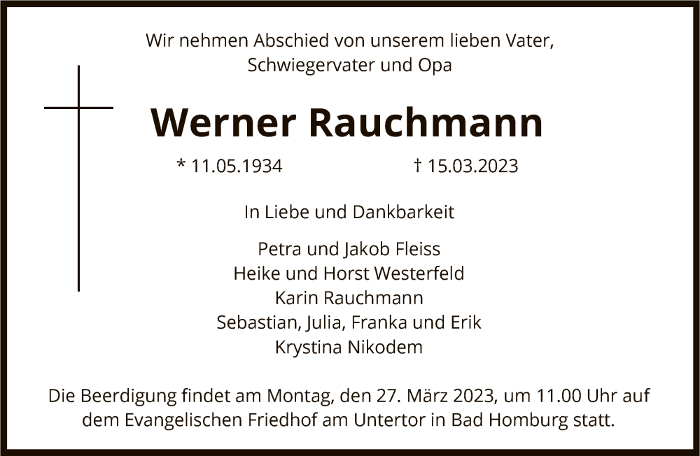  Traueranzeige für Werner Rauchmann vom 18.03.2023 aus FNP
