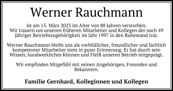 Traueranzeige von Werner Rauchmann von FNP